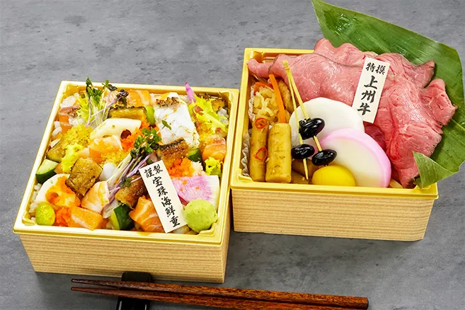 【2月特別価格/限定販売】 謹製 宝珠海鮮重と上州牛の極上二段重 ( 板前割烹 鱗 ~UROKO~ )